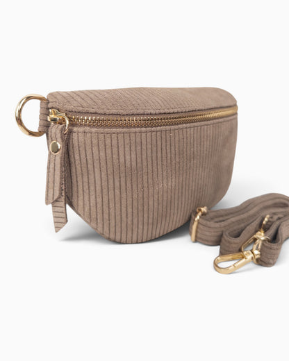 Umhängetasche Kord Leder klein taupe