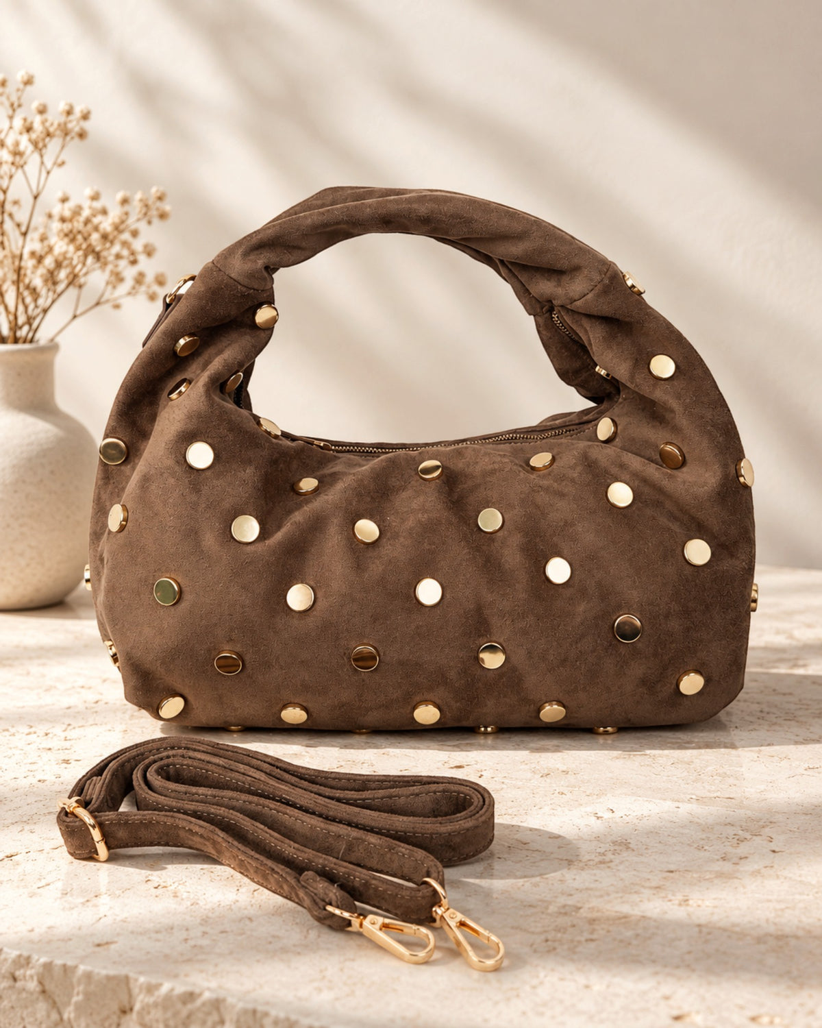Handtasche Nieten Wildlederoptik taupe