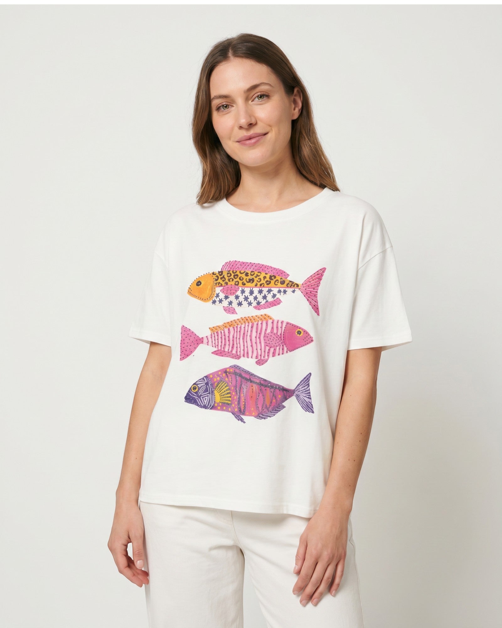 Shirt mit buntem Fischmotiv und Strassdetails weiß