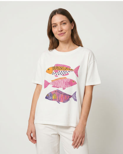 Shirt mit buntem Fischmotiv und Strassdetails weiß