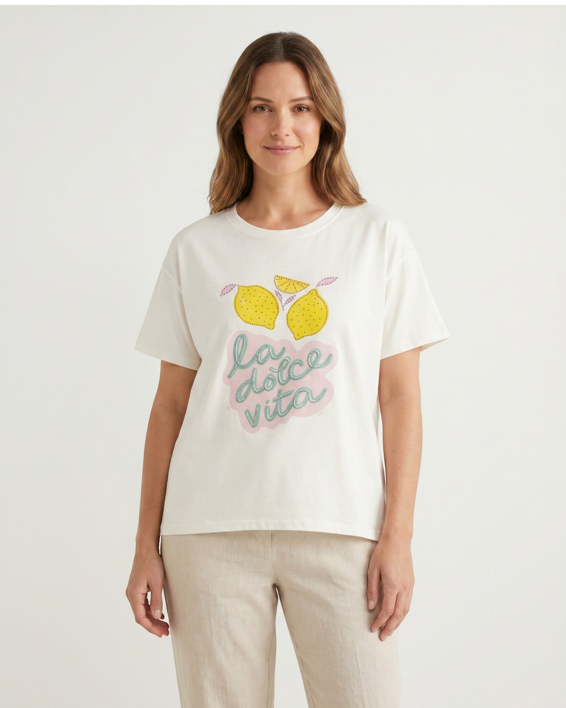 Shirt mit Zitronenmotiv und Strassdetails weiß