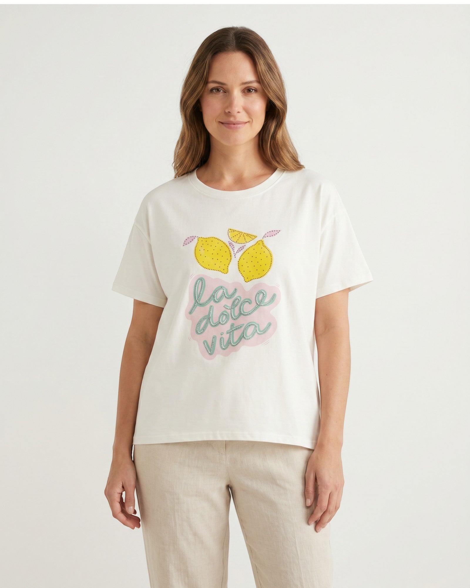 Shirt mit Zitronenmotiv und Strassdetails weiß