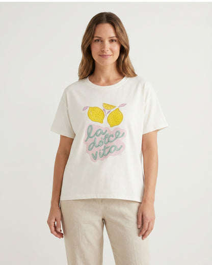 Shirt mit Zitronenmotiv und Strassdetails weiß