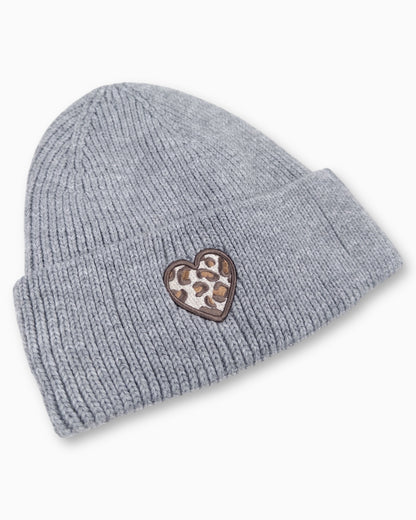 Winterwarme Mütze mit Leo-Herz grau