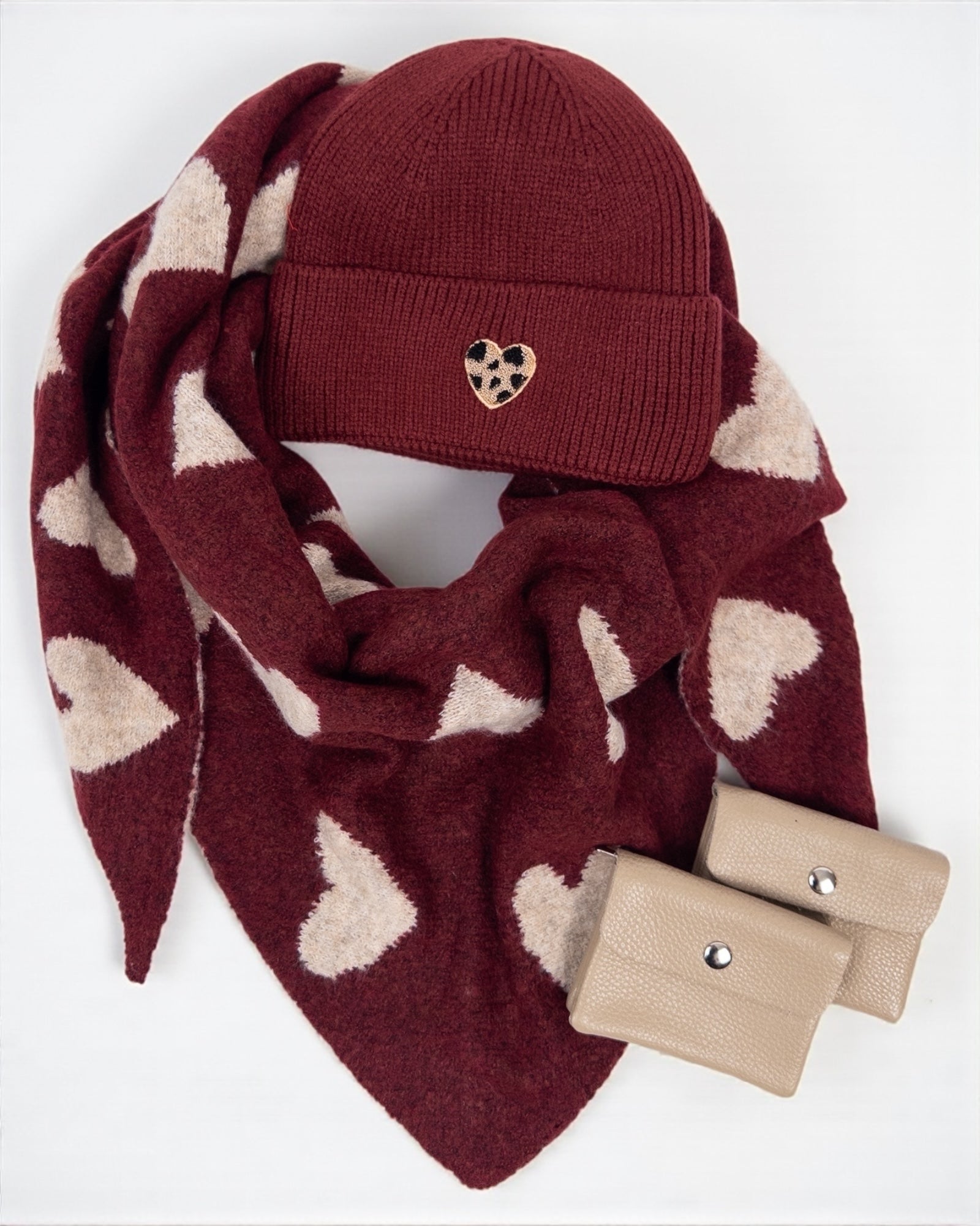 Dreieckstuch Herz weinrot beige