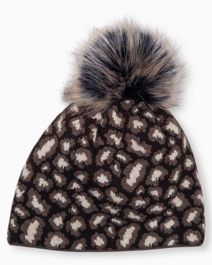 Winterwarme Leo Mütze mit Bommel dunkelbraun