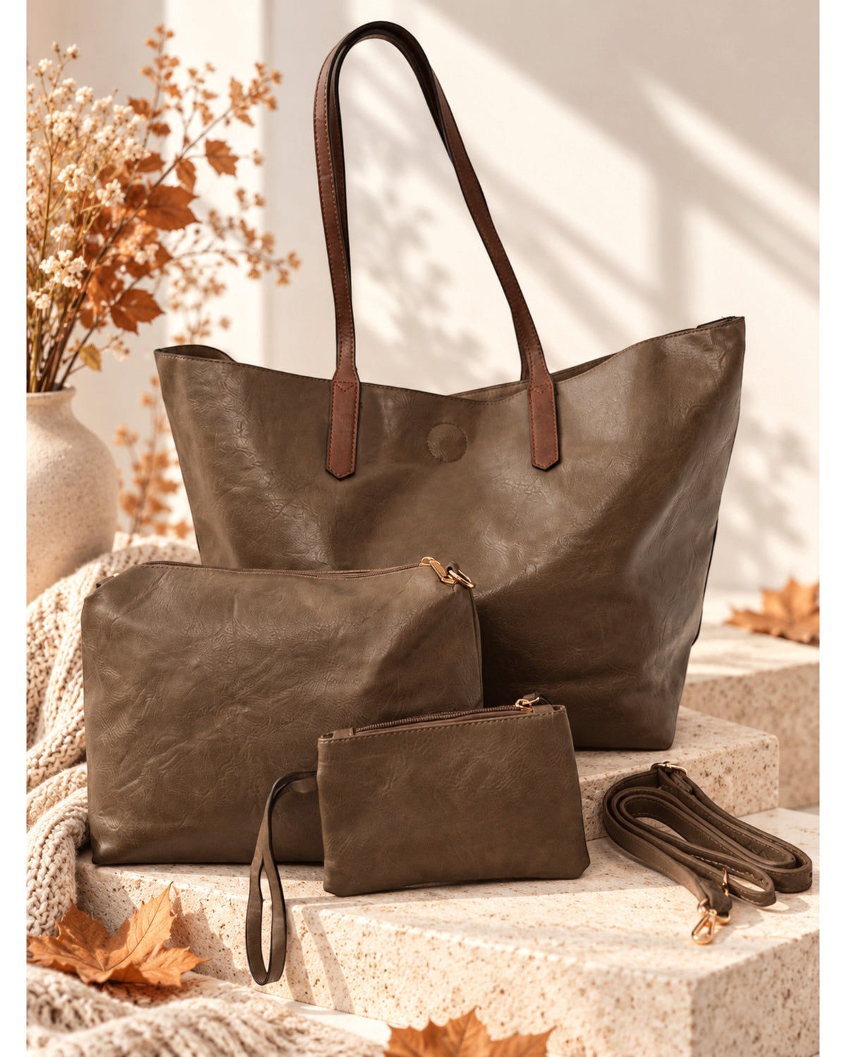 Handtaschen-Set 3-teilig mit Täschchen taupe braun