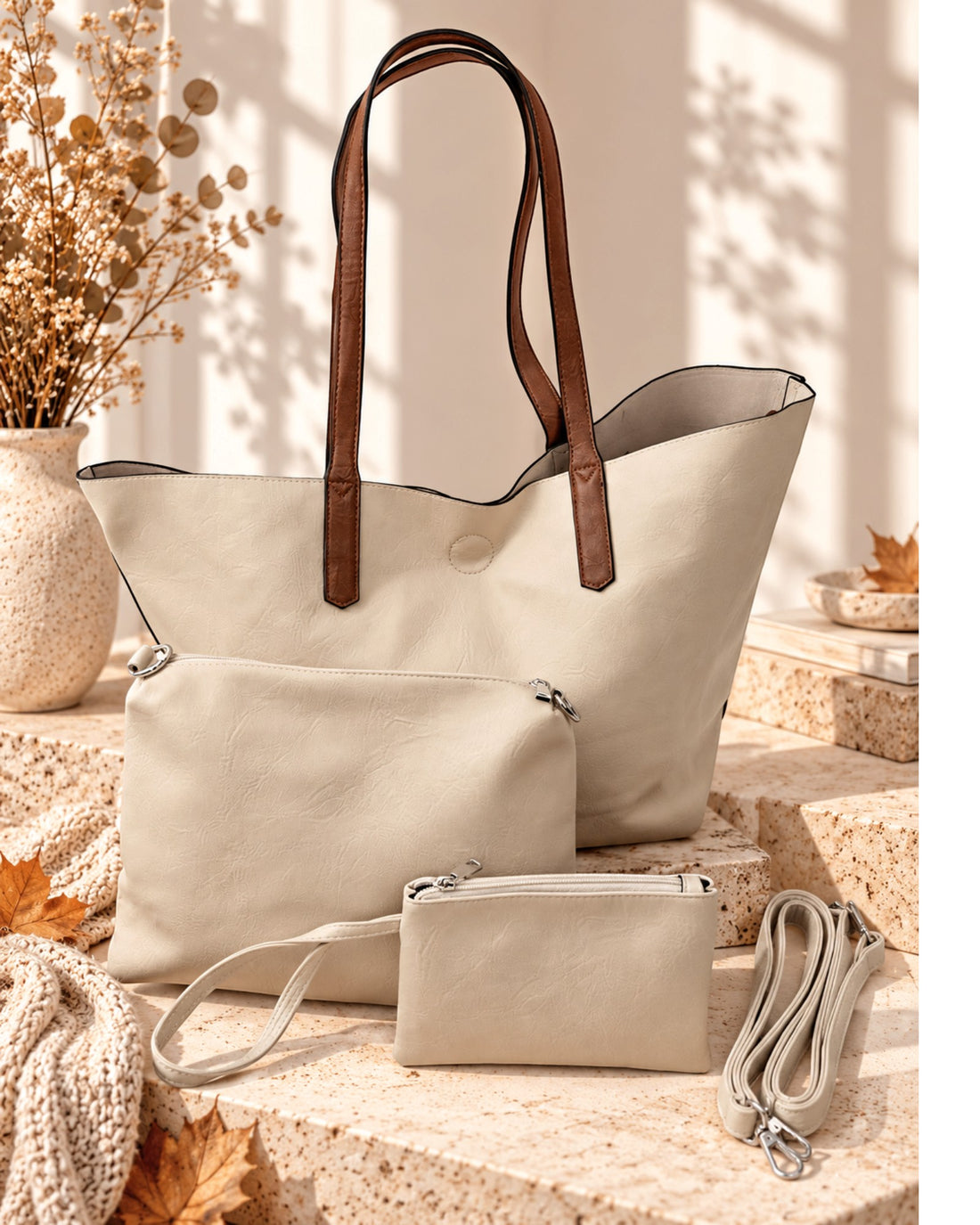 Handtaschen-Set 3-teilig mit Täschchen creme
