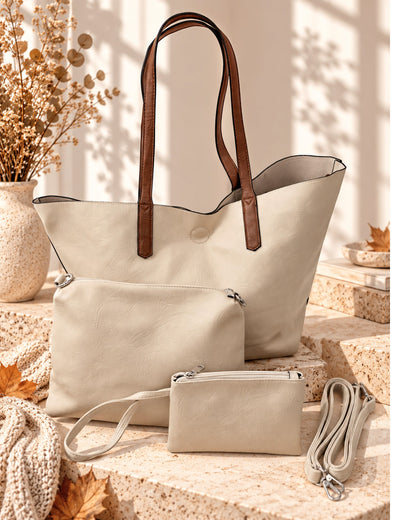 Handtaschen-Set 3-teilig mit Täschchen creme
