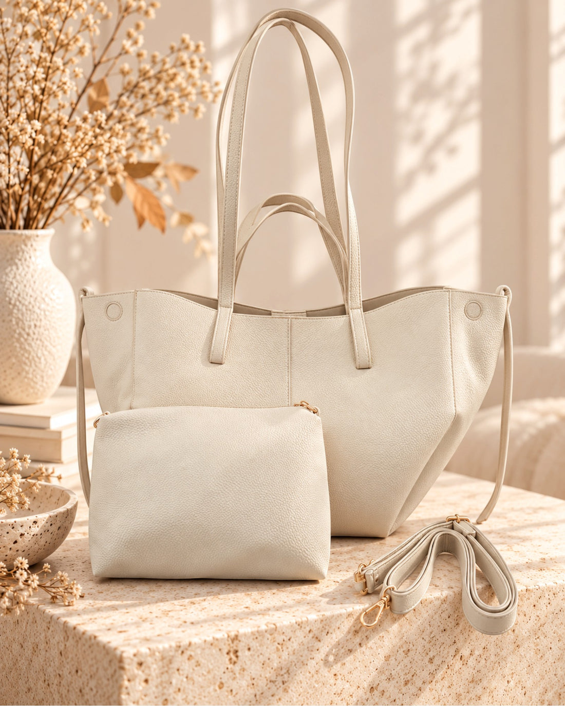 Handtaschen-Set mit herausnehmbarer Innentasche creme