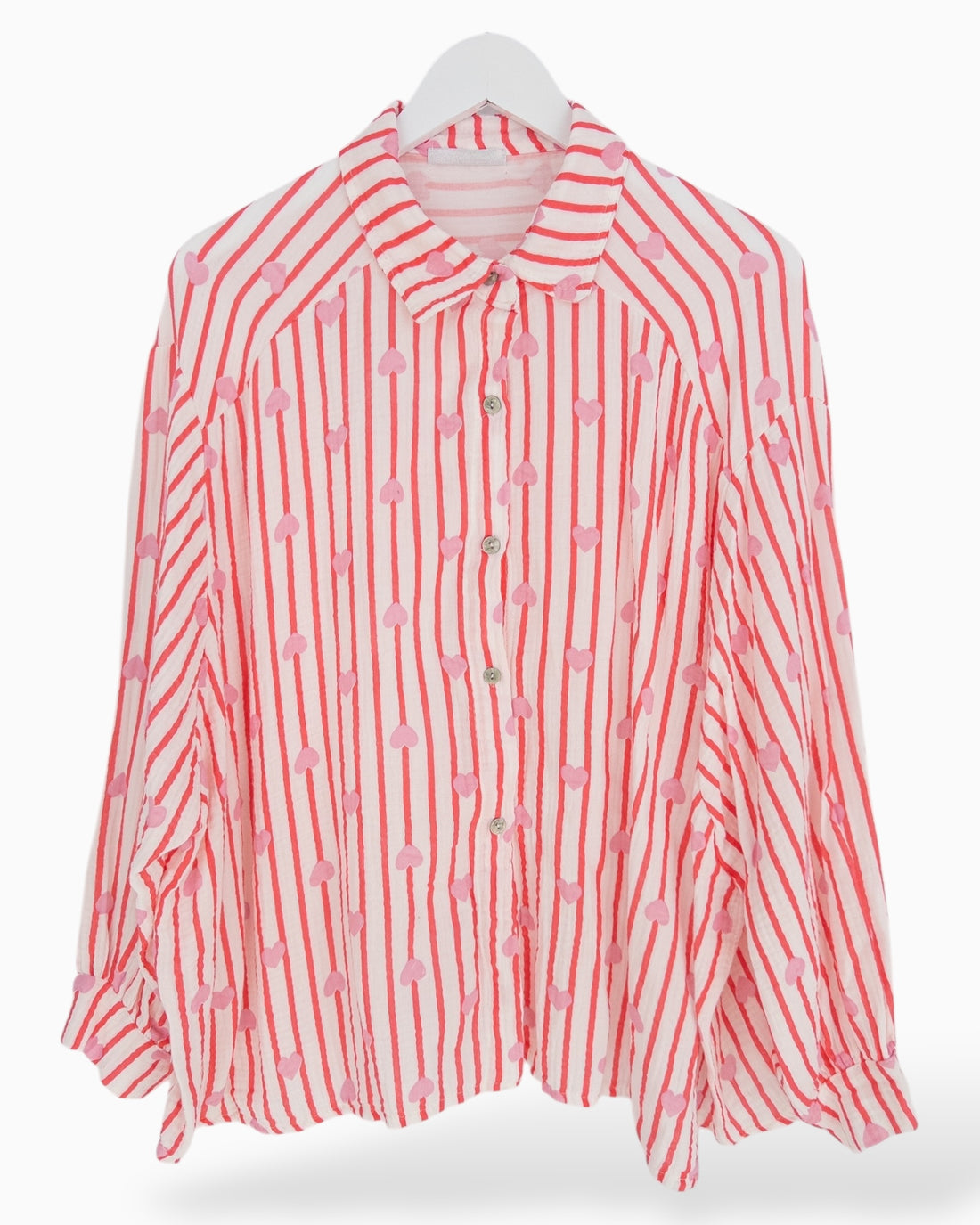 Oversize Musselin-Bluse Herzchen weiß rot