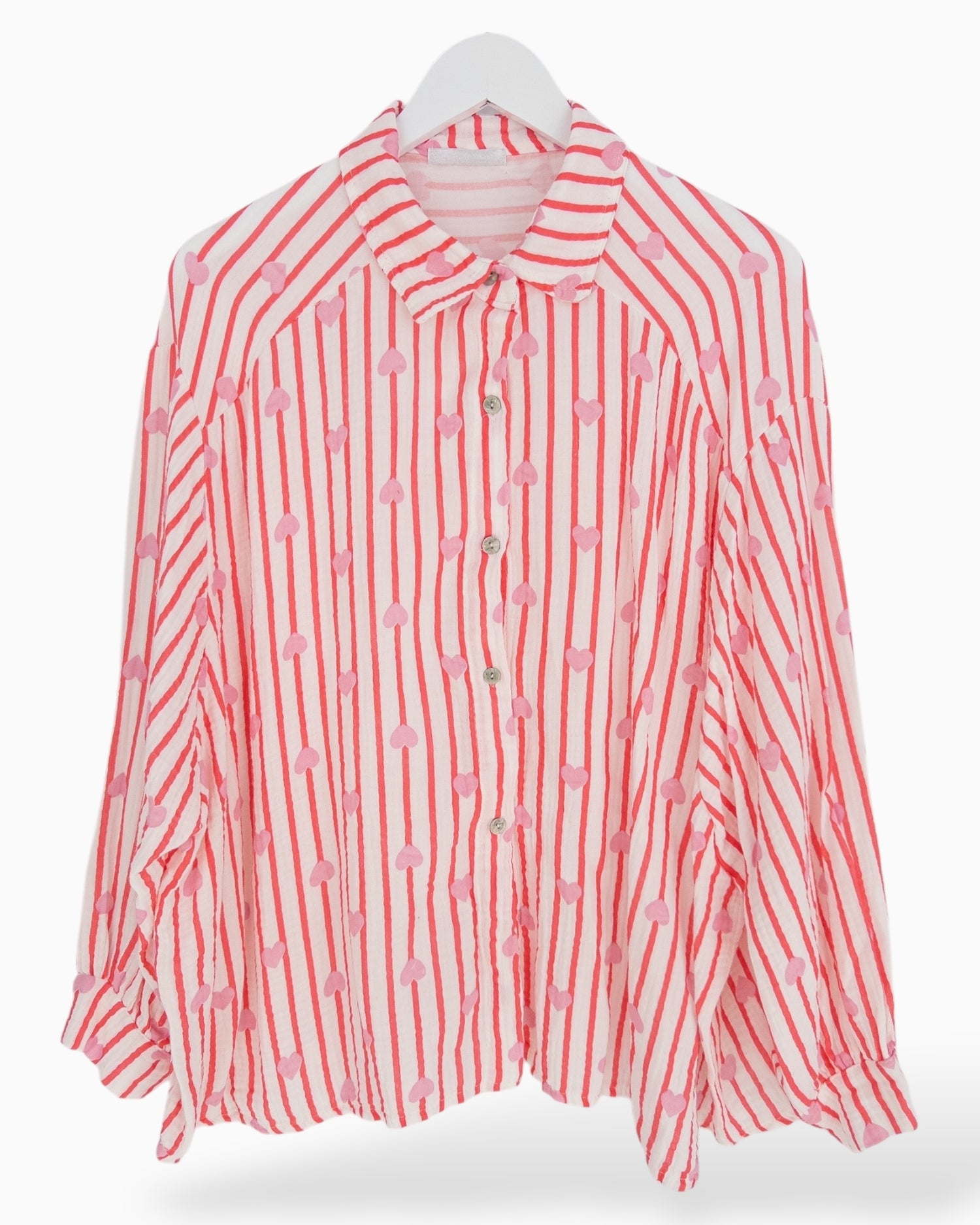 Oversize Musselin-Bluse Herzchen weiß rot