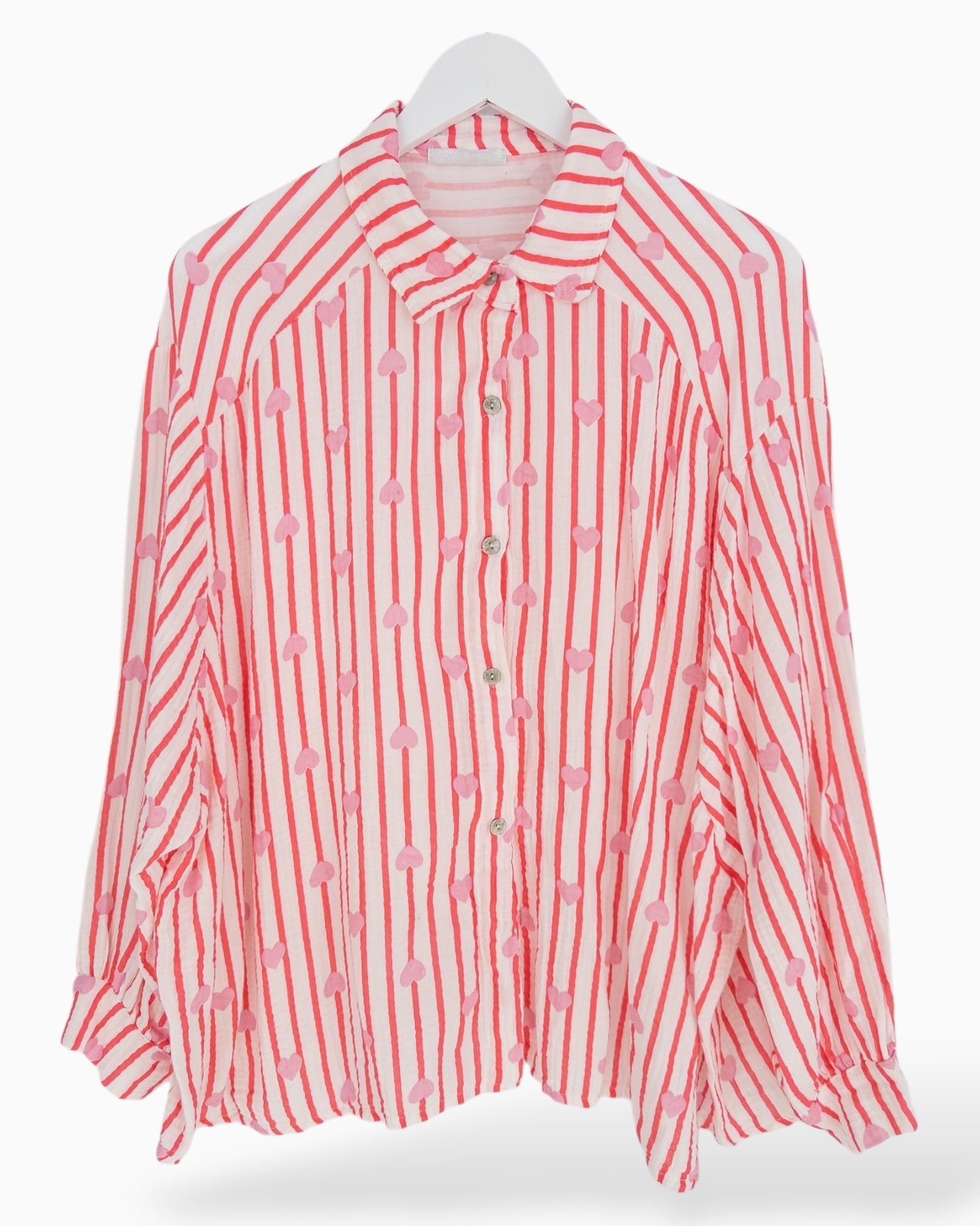 Oversize Musselin-Bluse Herzchen weiß rot