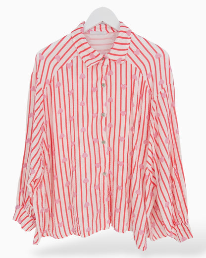 Oversize Musselin-Bluse Herzchen weiß rot