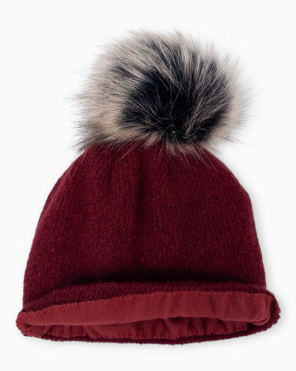 Winterwarme Mütze mit Bommel weinrot