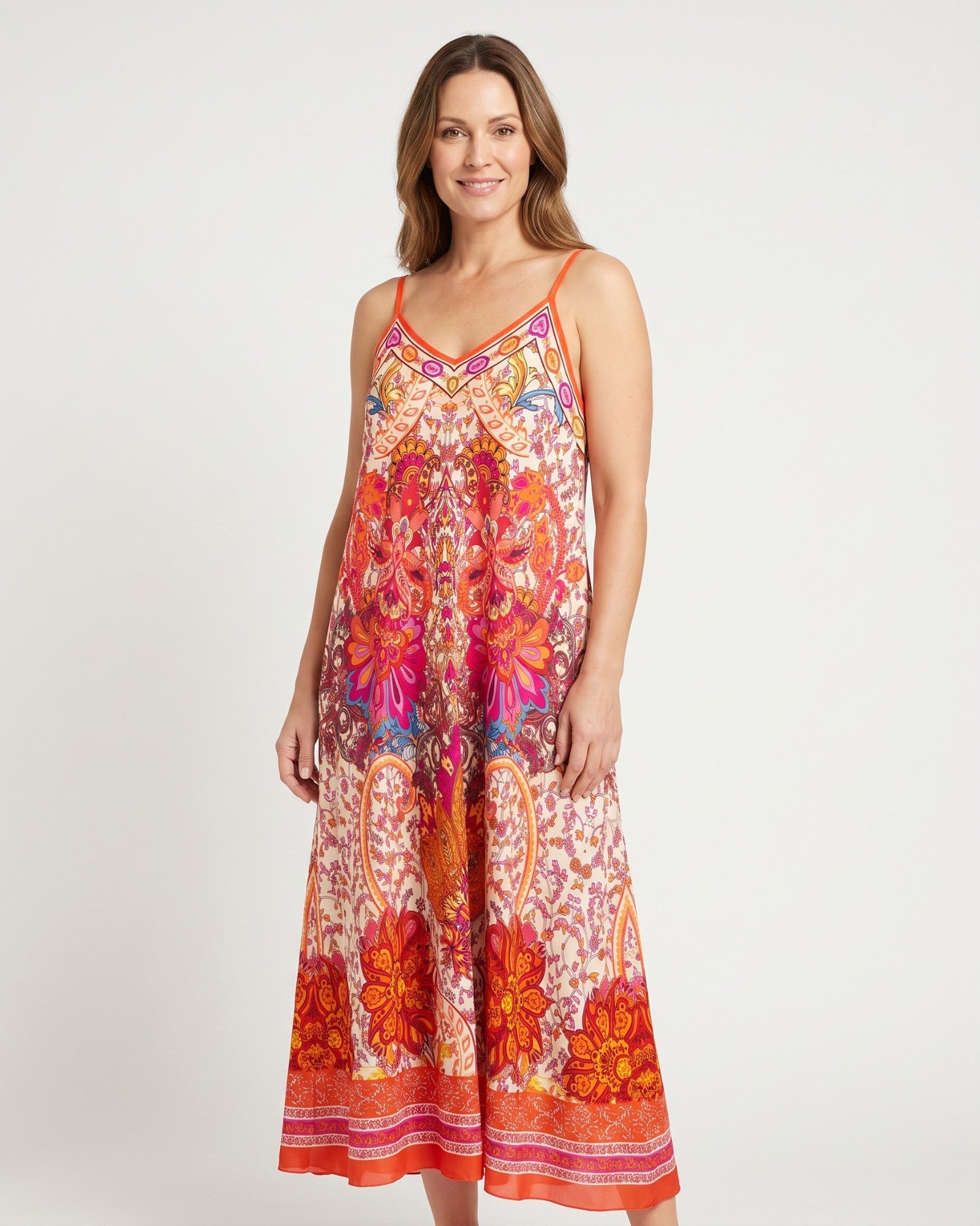 Maxikleid mit ornamentalem Paisley-Print orange pink