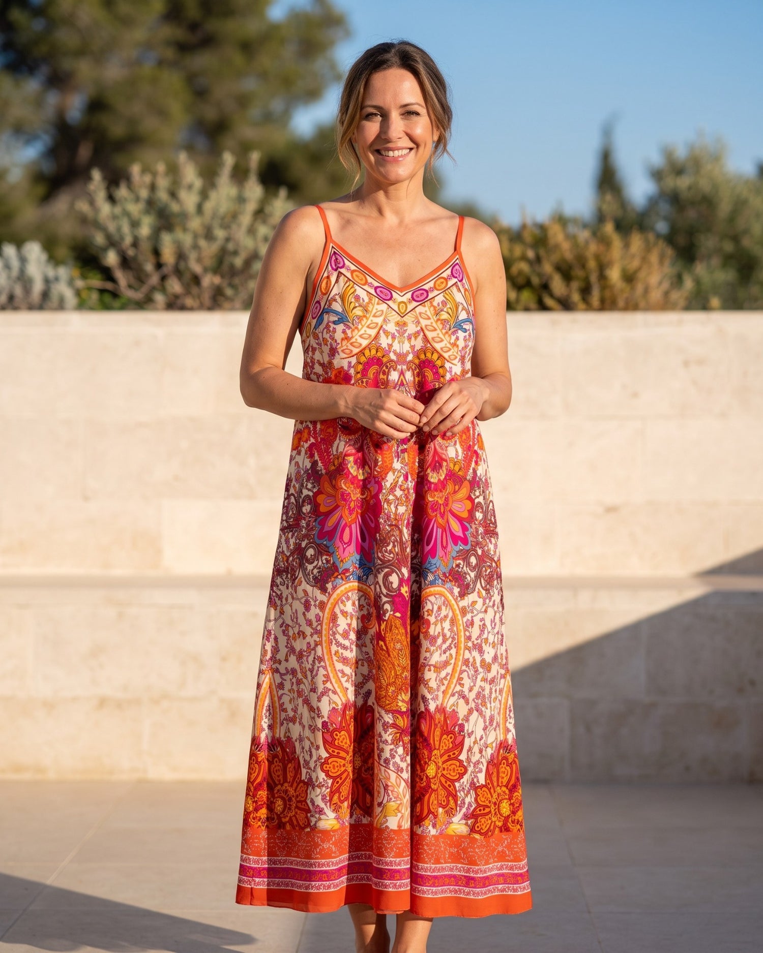Maxikleid mit ornamentalem Paisley-Print orange pink