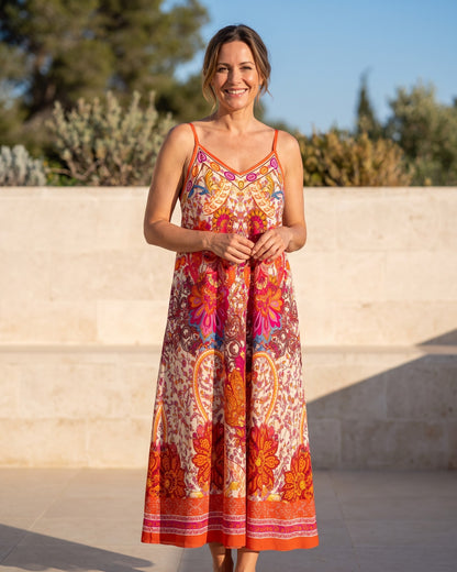 Maxikleid mit ornamentalem Paisley-Print orange pink