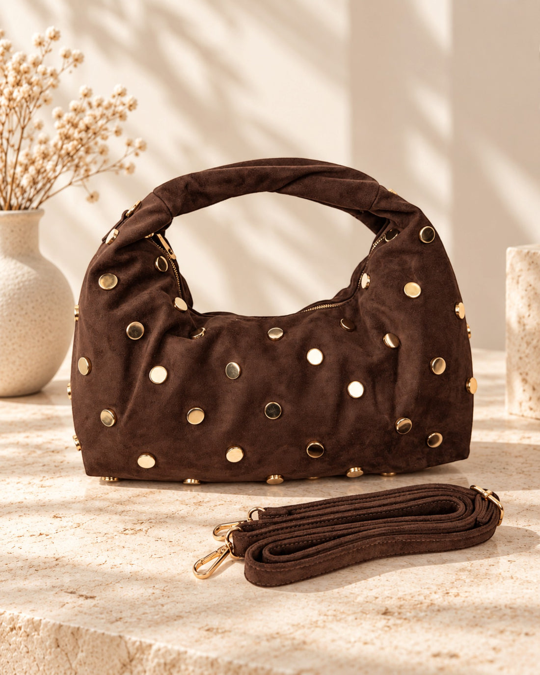Handtasche Nieten Wildlederoptik dunkelbraun