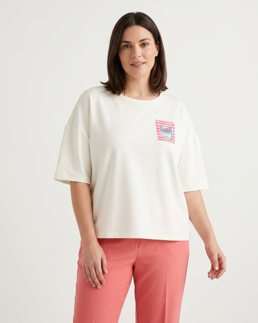 Shirt mit Sardinenmotiv und Rückendruck weiß