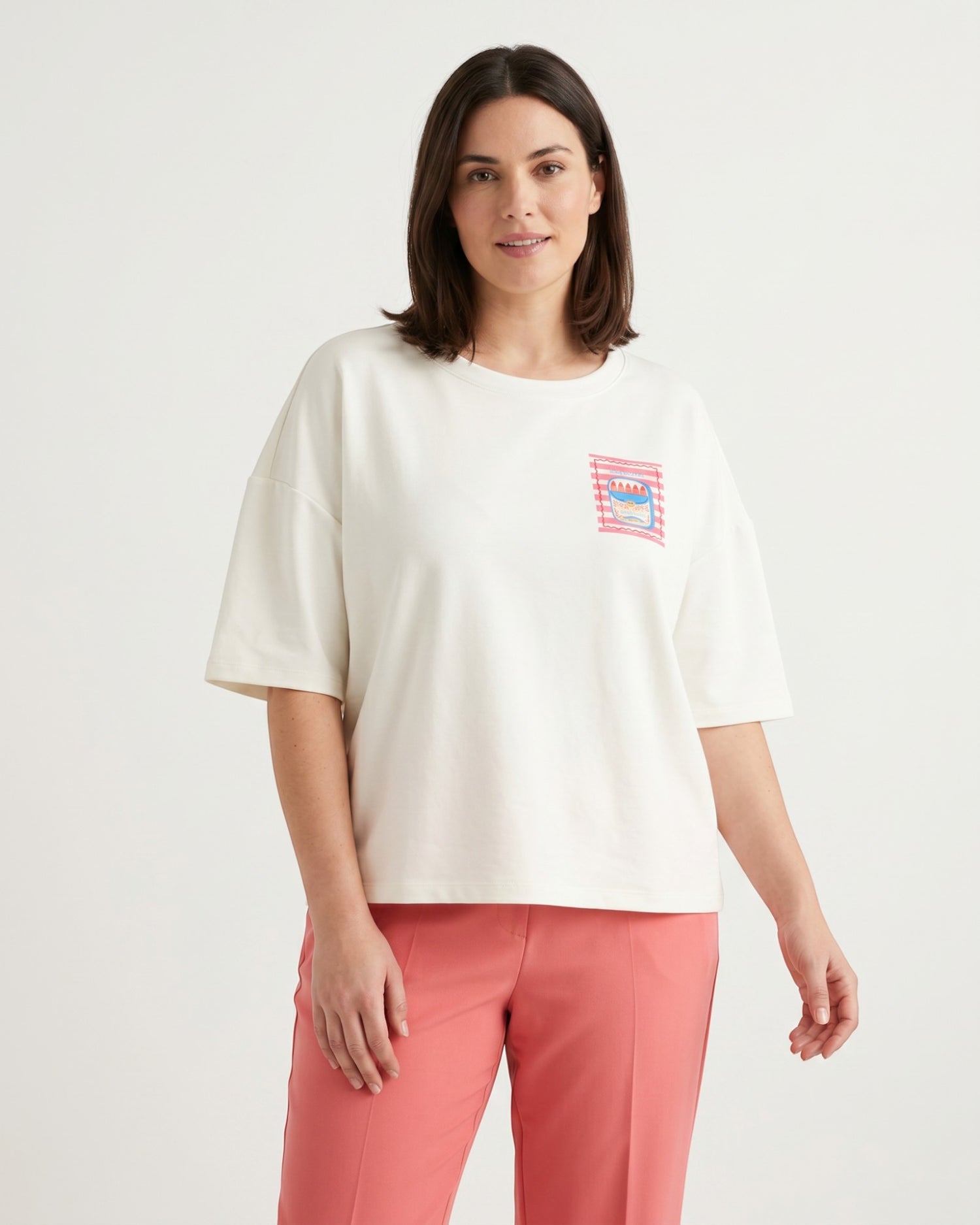 Shirt mit Sardinenmotiv und Rückendruck weiß