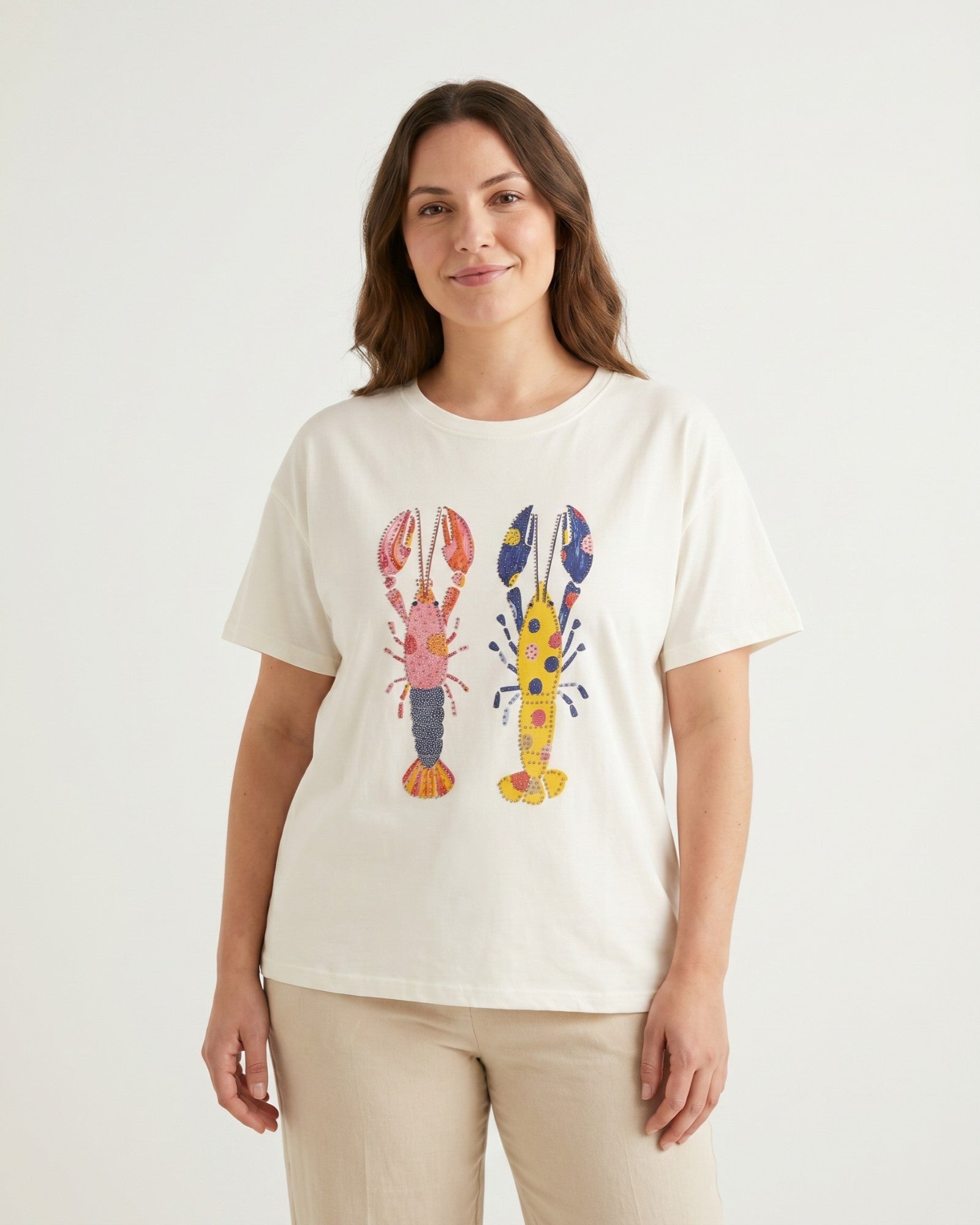 Shirt mit Hummermotiv und Strassdetails weiß