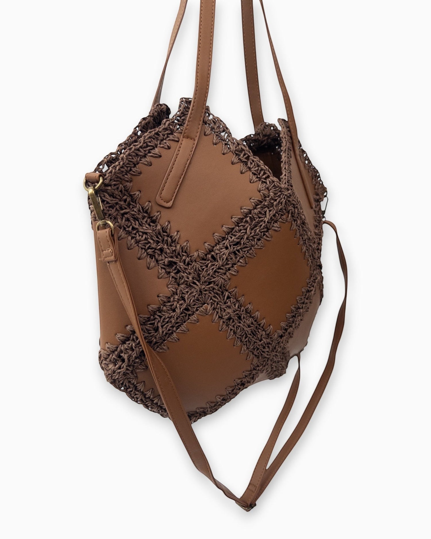 liebesnote braune Häkeltaschen-Shopper mit Leder-Optik-Details und Rautenmuster, Reißverschluss, Henkel und abnehmbarem Gurt