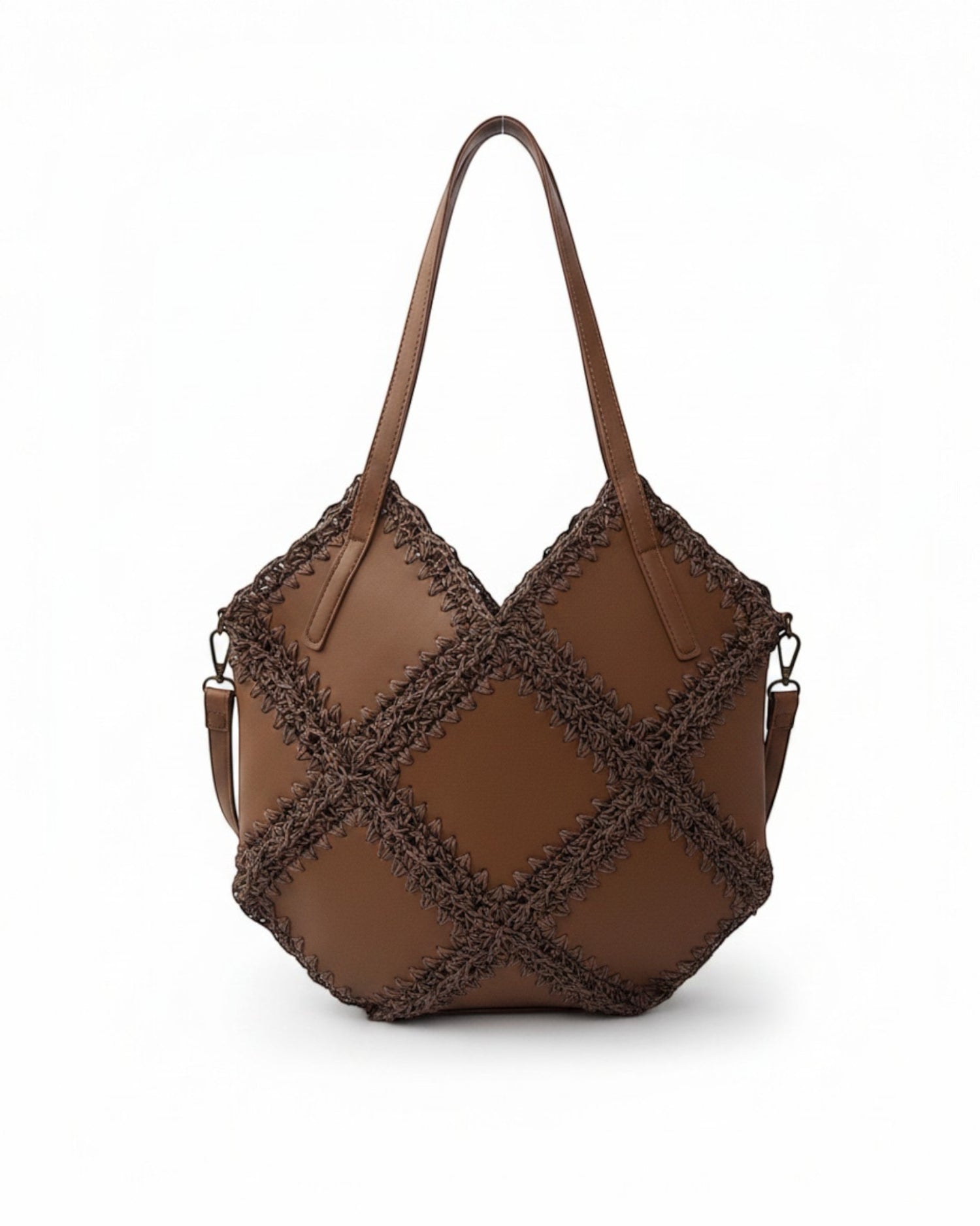 liebesnote braune Shopper-Tasche mit Häkel-Optik und Rautenmuster, Henkel und abnehmbarem Gurt