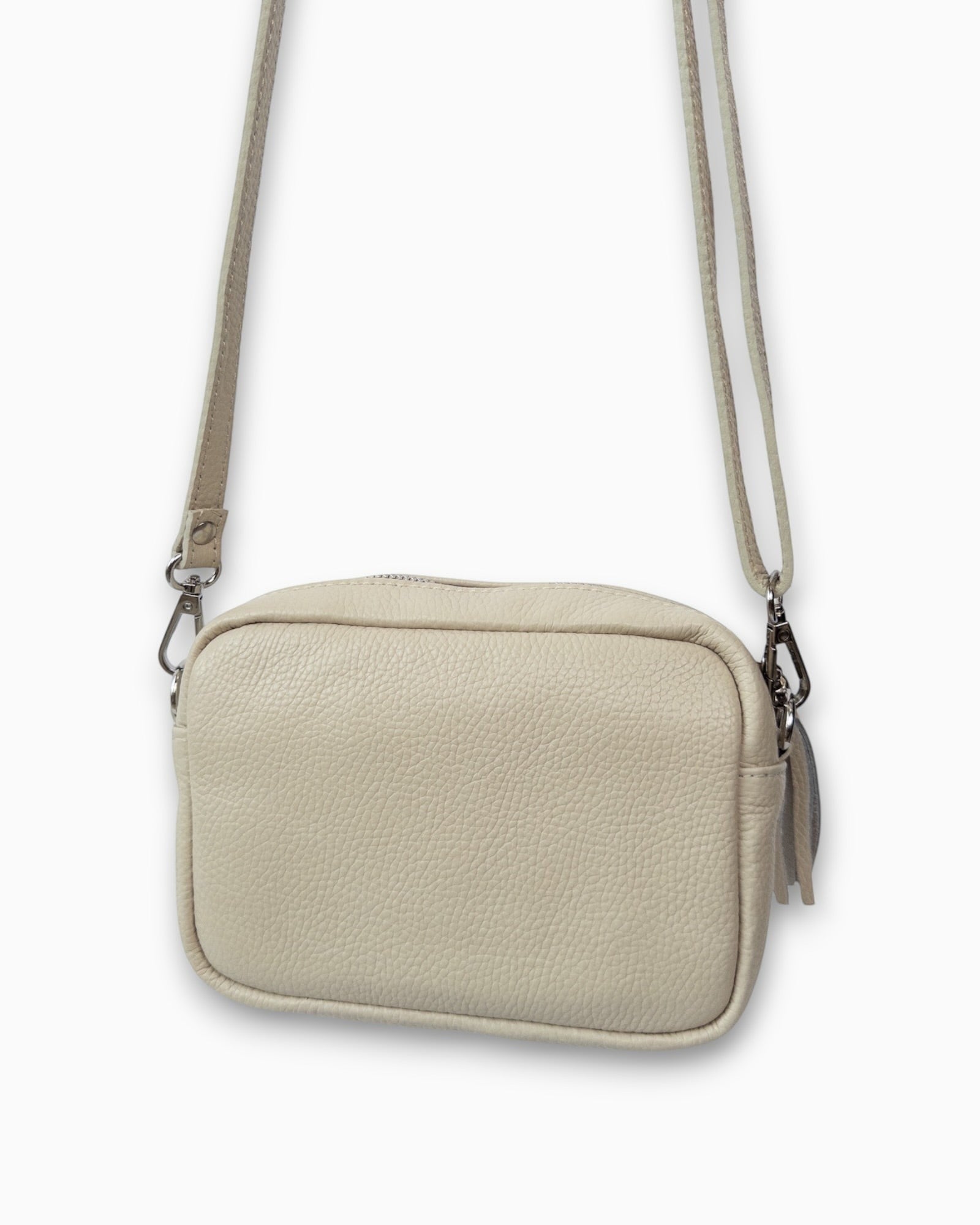 liebesnote beige Leder-Umhängetasche mit Quasten und Reißverschlussfach