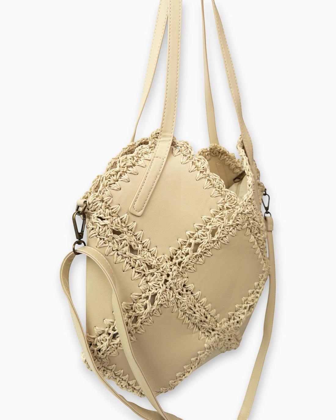 liebesnote Sandbeige Häkeltaschen-Shopper aus Papier mit Leder-Optik-Details und Rautenmuster