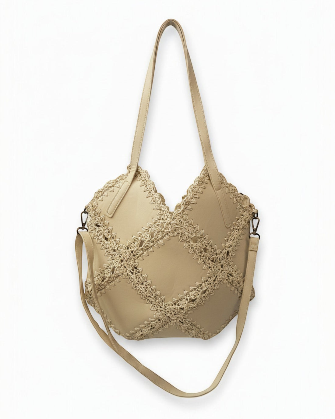 liebesnote sandfarbene Shopper-Tasche mit Häkel-Optik und Rautenmuster, Henkel und abnehmbarem Gurt
