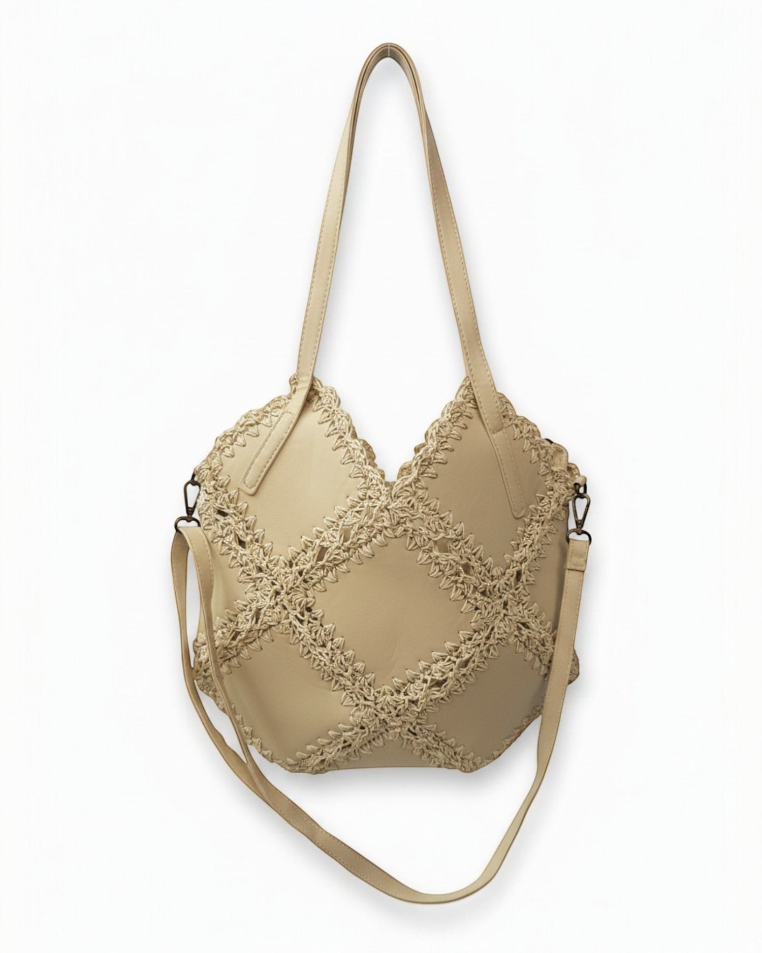 liebesnote sandfarbene Shopper-Tasche mit Häkel-Optik und Rautenmuster, Henkel und abnehmbarem Gurt